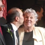 Tyne Daly gets a kiss from Steven Lutvak as Robert L. Freedman looks on