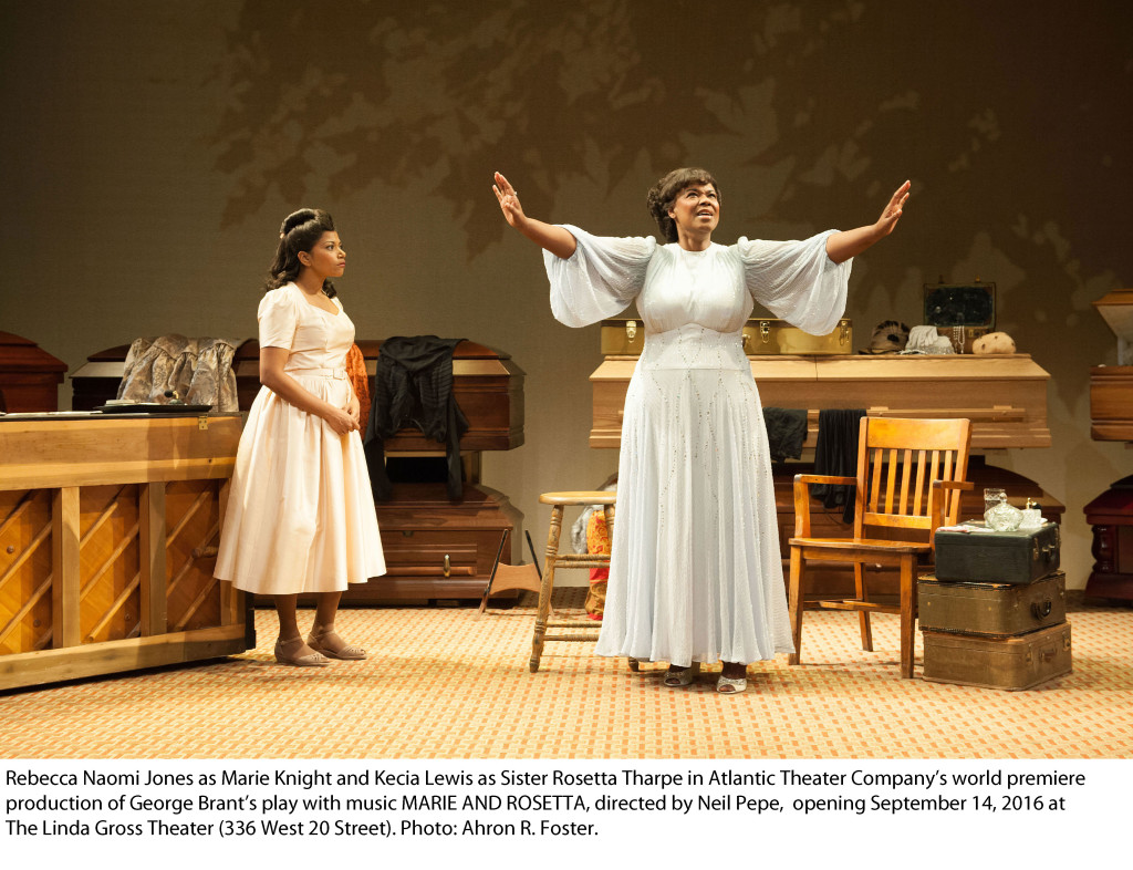 Rebecca Naomi Jones as Marie Knight and Kecia Lewis as Sister Rosetta Tharpe in Atlantic Theater Company’s world premiere production of George Brant’s play with music MARIE AND ROSETTA, directed by Neil Pepe, opening September 14, 2016 at The Linda Gross Theater (336 West 20 Street). Photo: Ahron R. Foster.